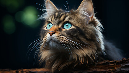 Cute kitten staring, fluffy fur, playful curiosity, beauty in nature generated by AI