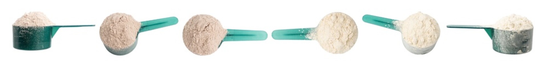 Group of whey or soy protein powder in a plastic measuring spoon, collage isolated on white background