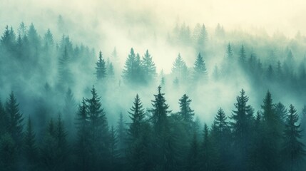 Fototapeta premium Misty Fir Forest in Vintage Retro Style Generative AI