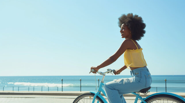 Portrait of a beautiful African American Black woman with an Afro riding a bicycle along beach promenade, sea view, health, active, fitness, wellness, summer, spring, fresh
