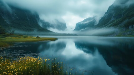 Majestic Norwegian Mountain Landscape Generative AI - obrazy, fototapety, plakaty