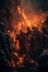 Fototapeta na wymiar View of zombies with burning background