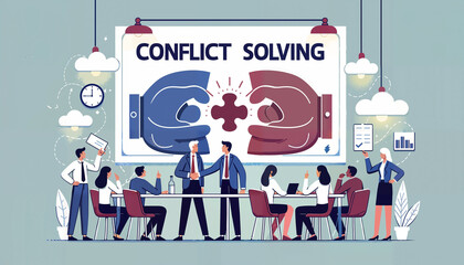 Illustration of a team in a brainstorming session, with a clear division in the group, as the manager tries to bridge the gap. The text 'Conflict Solving' is prominently displayed in the scene.