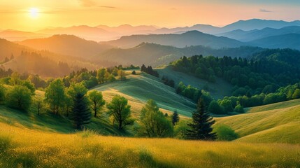 Sunset Landscape with Rolling Hills and Rural Fields Generative AI