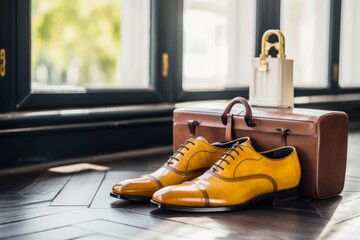 Classic black leather shoes and a matching leather briefcase placed 
