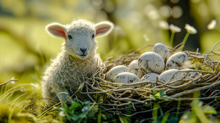 Obraz premium Easter Lamb Easter Bunny in a Nest on a Flowering Meadow Greeting Card Happy Easter Illustration Graphic Banner Wallpaper Background Brainstorming Family Digital Art Magazine Poster