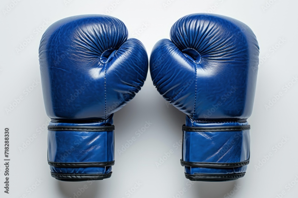 Wall mural Pair of blue boxing gloves isolated on white background. Concept of boxing equipment, combat sports gear, training accessory, and worn athletic items.