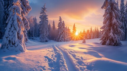 Winter Wonderland: Panoramic Sunrise Landscape for Christmas Background Generative AI