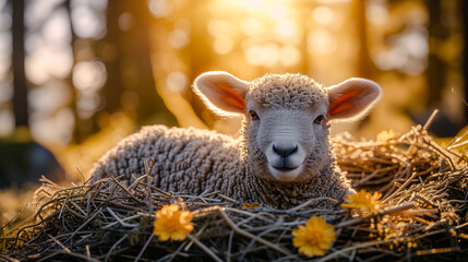 Easter Lamb Easter Bunny in a Nest on a Flowering Meadow Greeting Card Happy Easter Illustration Graphic Banner Wallpaper Background Brainstorming Family Digital Art Magazine Poster