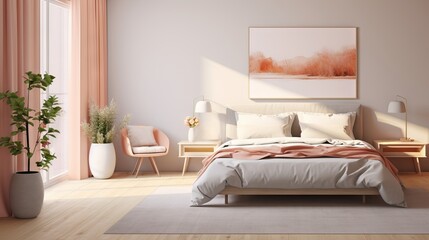 Stylish bedroom interior with natural light. In a fashionable trendy color Peach. Ideal for hospitality marketing, home staging, and wellness retreats.