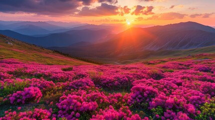 Panoramic View of Pink Rhododendron Flowers and Beautiful Sunset over a Lawn Generative AI