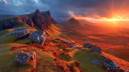 Sunset over Quiraing Mountains in Isle of Skye, Scotland Generative AI