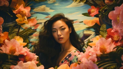 Obraz na płótnie Canvas Asian woman amidst tropical flora with warm lighting. Vintage style. Tropical paradise. For use in beauty ads, travel content, and lifestyle branding.