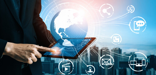 Social media and young people network concept. Modern graphic interface showing online social connection network and media channels to engage customer interaction in the digital business. uds