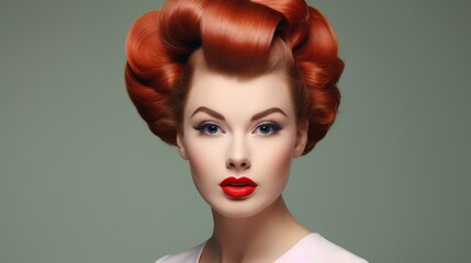 Redhead Woman with styled hair with victory rolls in vintage fashion style. For use in beauty tutorials, retro fashion spreads, hair styling guides, and makeup artistry.
