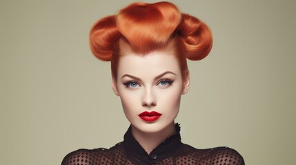 Redhead Woman with styled hair with victory rolls in vintage fashion style. For use in beauty tutorials, retro fashion spreads, hair styling guides and makeup artistry.