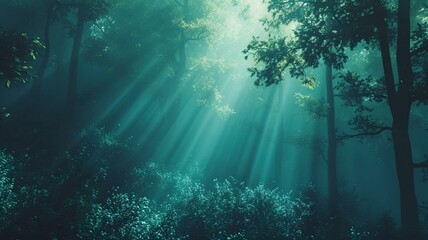 Fototapeta na wymiar Sun rays shining through forest landscape