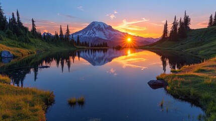 Sun Setting over Mt. Rainier at Tipsoo Lake in Washington Generative AI - obrazy, fototapety, plakaty