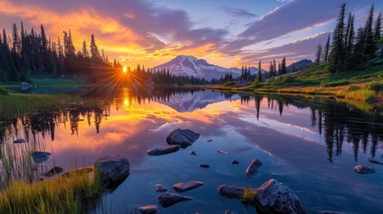 Fototapeten Sunset over Mt. Rainier at Tipsoo Lake in Washington Generative AI © AlexandraRooss
