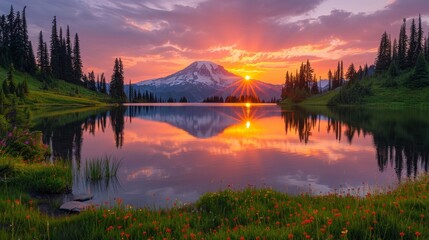 Sunset over Mt. Rainier at Tipsoo Lake in Washington Generative AI - obrazy, fototapety, plakaty