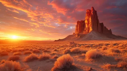Fotobehang Sunset over Ship Rock in the New Mexico Desert Generative AI © AlexandraRooss