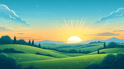 Beautiful Summer Fields Landscape with Dawn, Green Hills, and Blue Sky Generative AI