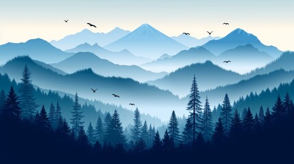 Serene Mountain Landscape with Blue Silhouettes, Forest, and Sky Generative AI