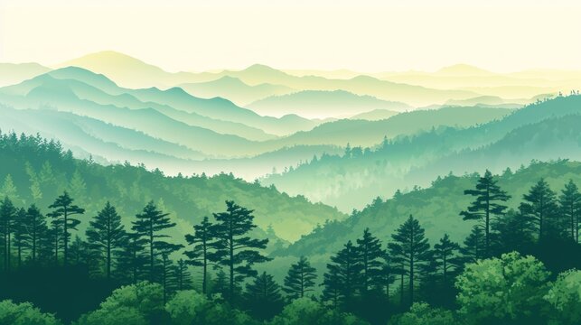 Serene Panoramic Landscape with Green Silhouettes of Trees and Hills Generative AI