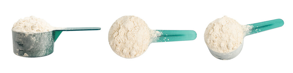 Group of whey or soy protein powder in a plastic measuring spoon, collage isolated on transparent background