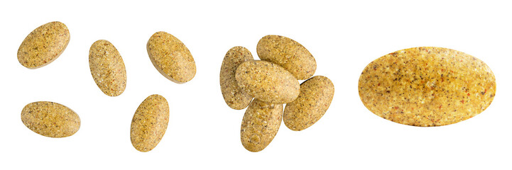 Medical pills, group of drugs, medicine and tablets for treatment, vitamins and nutritional supplement, isolated on transparent background, top view