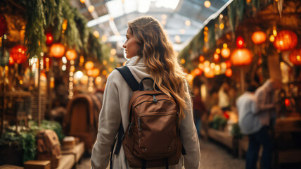 Back view of a tourist in the city. Young woman walking on the Christmas holiday festival outdoor market. Festive mood. Backpacker and travel concept