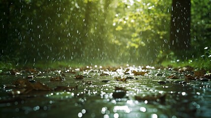 The rhythmic pattern of raindrops falling on a forest floor, a natural percussion in the symphony...