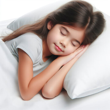 a cute young girl child sleeps on a white pillow isolated on white background. ai generative