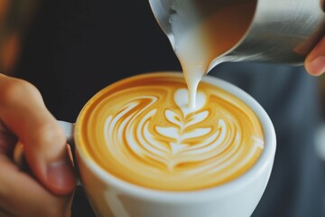 Close-up of a skilled barista pouring steamed milk into a cup of espresso, creating a beautiful latte art pattern

