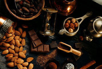 Almond, chocolate, candies, truffles, cocoa powder, and other on blackstone stand. Sweet delicious...