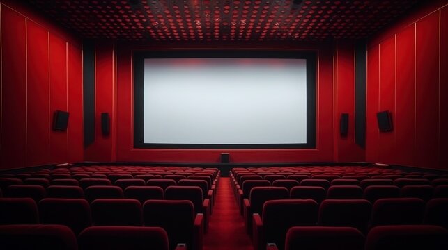 Empty of cinema in red color with white blank screen. Mockup of auditorium no people
