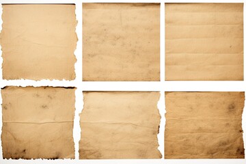 Set of old parchment antique paper sheet or vintage aged grunge stain texture isolated background