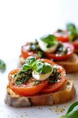 close up of tomato and mozzarella bruschetta on white background