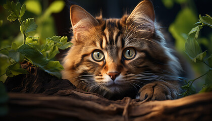 Cute kitten sitting in grass, staring at camera with curiosity generated by AI