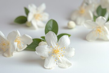 Naklejka na ściany i meble White background with fragrant white jasmine flowers