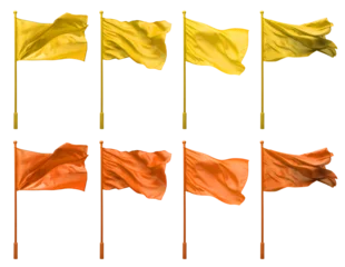 Fotobehang 2 Collection set of yellow orange mustard, waving flying blank flag flags on pole on transparent background cutout, PNG file. Many different design. Mockup template artwork graphic © Sandra Chia