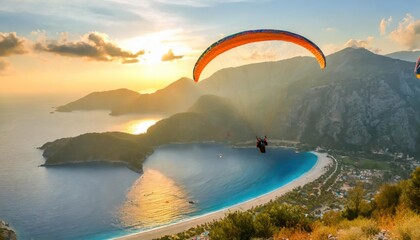 Paragliders tandem flying over the sea . - Panoramic view of Oludeniz Beach And Blue Lagoon - Powered by Adobe