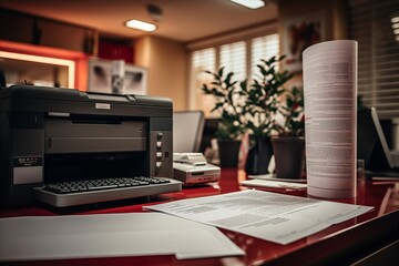 Cozy home office workspace with laptop, organized papers, red coffee cup, notebook, and decor