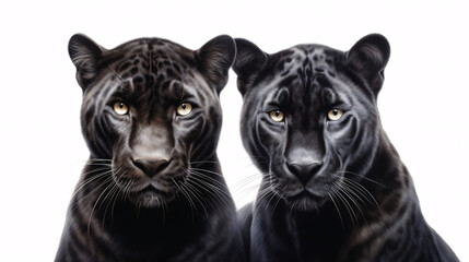 Close-up portrait of two black panther isolated on white background