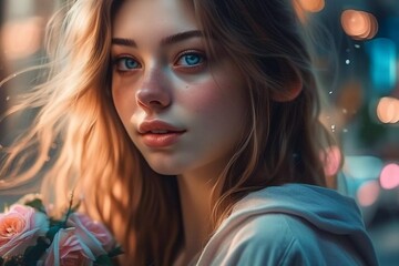 Naklejka premium Professional photo of a young mysterious naturally beautiful girl, in a noisy city, soft natural volumetric cinematic ideal light, chiaroscuro