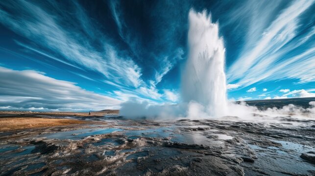  a large geyser spewing water into the air with a blue sky in the back ground and a few clouds in the sky in the back ground.