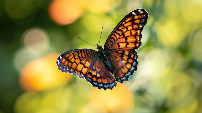  a close up of a butterfly flying in the air with a blurry background of orange and green leaves in the foreground and a blurry foreground of the image.