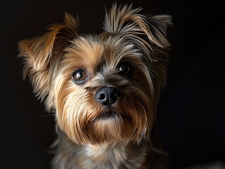  a close up of a small dog's face looking at the camera with a sad look on it's face, with a black background of a black background.
