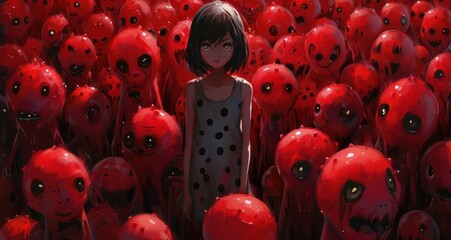  a woman in a black and white dress standing in a large group of red balls with black dots on them, with a black and white polka dot shirt on her shirt. - obrazy, fototapety, plakaty