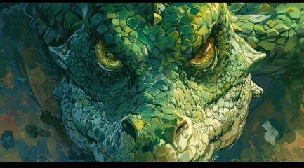  a painting of a green dragon's head with yellow eyes and green leaves on the side of the head, with a dark background of green and yellow leaves.